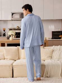 CoupledUp 男士休闲条纹印花翻领长袖纽扣睡衣套装 - 藍色 - 查看 3