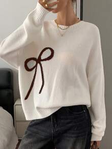 DAZY Cream-White Bow Knitted Sweater For Women, Loose Vintage Style, Autumn/Winter - Coffee Brown - View 2