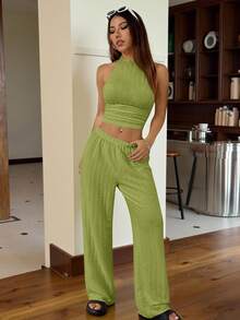 SHEIN EZwear 青柠绿针织女式休闲紧身两件套 - 青檸色 - 查看 4