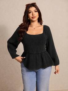 Elaquor Áo sơ mi dài tay họa tiết chắp vá màu đen cổ điển thường ngày cỡ lớn dành cho nữ - màu đen - Xem 4