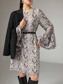 Heiryn Women's Random Print Long Sleeve Short Dress Layered Dress Ruched Cuff Dress Belted Dress Snake Print Dress - Multicolor - View 6