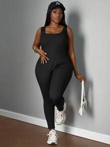 SHEIN PETITE CURVE Mono sin mangas elástico de punto talla grande - Negro - Ver 3