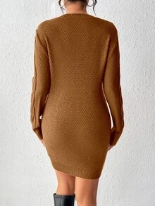 Rafferiza Gaun Sweater Rajut Model Twist untuk Wanita, Cocok Sebagai Pakaian Tahun Baru - Coffee Brown - View 2