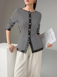 Heiryn Camisa elegante de mujer de cuello redondo, manga larga y abotonadura sencilla con estampado de pata de gallo - Blanco y Negro - Ver 4