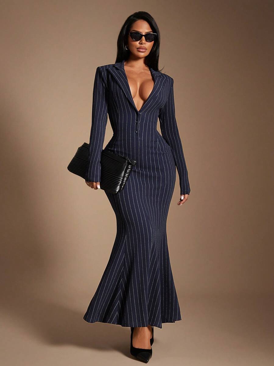 Radiana 女士优雅简约藏蓝色条纹翻领长袖修身连衣裙（带垫肩），复古现代西装裙，长款连衣裙，燕尾服连衣裙，美人鱼连衣裙，条纹连衣裙，休闲商务女装，时尚高端套装，适合休闲外出、通勤、办公室、工作场所、聚会、派对、正式场合。弹力面料，修身显瘦，凸显身材曲线。 - 藏蓝色 - 查看 1