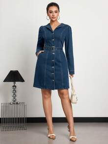 Elenzga Váy denim tay dài thắt eo màu trơn có túi - Rửa tối - Xem 1