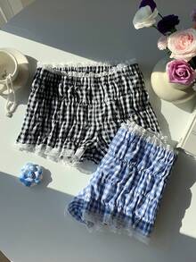 Comfortcana 2025新款极简主义秋季时尚女式休闲蕾丝边格纹短裤，夏季格子休闲女式沙滩短裤，夏季女式褶皱短裤，蕾丝边短裤 - 彩色 - 查看 5