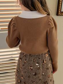 DAZY Young Girl French Peter Pan Collar Layering Sweater, Puff Sleeve 2 In 1, Autumn/Winter - Khaki - View 3