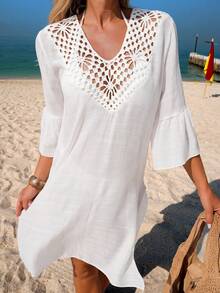 Swim Lushoire Women's Solid Crochet Lace Patchwork Flounce Sleeve Split Hem Bikini Cover Up For Beach Vacation Beach Coverups For Women White Beach Dress Women Boho White Dress Long Sleeve Summer Dress - White - View 6
