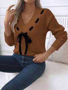 EMERY ROSE Áo len trễ vai buộc dây thường ngày cho nữ, Thu/Đông - Đỏ - Xem 6