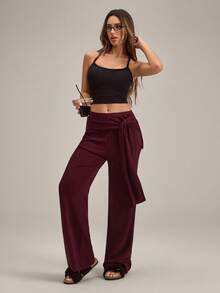 SHEIN Quần ngủ ống rộng thắt nút phía trước màu trơn dành cho nữ - Màu Đỏ Sâu - Xem 4