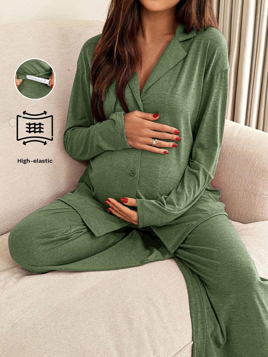 SHEIN 两件套孕妇纯色上衣和裤子家居服套装 - 軍綠色 - 查看 1