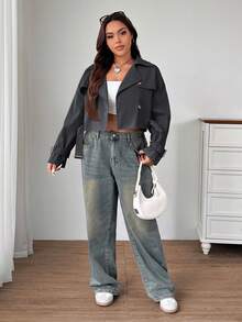 SHEIN EZwear Áo khoác trench coat cổ bẻ cổ điển cỡ lớn, màu xám đậm - Màu xám đen - Xem 3