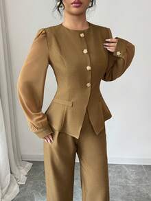 Selianne Women's Solid Color Round Neck Long Sleeve Single-Breasted Shirt And Pants Elegant 2 Pieces Set - Mustard Yellow - View 7