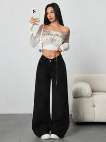 SHEIN ICON Quần jeans denim lưng thấp dáng chữ V lót nhiệt ấm áp cho nữ mùa đông - màu đen - Xem 3