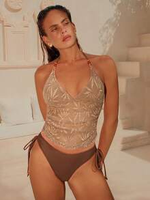 Swim Chiccia Elegant Women's Brown Halter Tankini Top With Plants Pattern And Matching Tie Side Bottoms - Brown - View 7