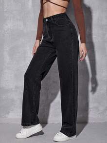 SHEIN EZwear High Waist Wide Leg Jeans - Black - View 4