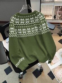 Franclia Women's Snowflake Pattern Crew Neck Long Sleeve Christmas Sweater, Autumn/Winter Green Sweater Knitted Sweater Winter Sweater Women Sweater Fair Isle Sweater - Army Green - View 2