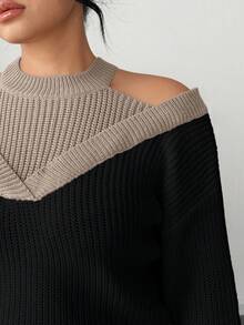 SHEIN Elenzya 女士二合一露肩撞色毛衣 - 卡其色 - 查看 6