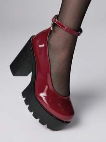 ROMWE Goth 女士闭趾交叉绑带玛丽珍鞋，朋克哥特厚底厚跟绑带搭扣JK制服鞋，防水正式工作高跟鞋 - 酒紅色 - 查看 3