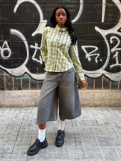 Modviera 2026 New Women's Swimwear ArrivalFor School,Suitable For Holiday, Date, Afternoon Tea, Western, Cruise, Beach, Island, Road Trip, All Seasons, Music Festival, Boho Vacation,Bohemian Vacation, Chill Autumn ,Western Boho ,Elegant Tops For Women Women's Plaid Shirt With Cinched Waist And A-Line Silhouette, Slimming Printed Blouse For Commuting, School, And Work Grey Culottes Plaid Shirt Women Grey Wide Leg Pants Green Plaid Blouse Modest Blouse Gray Denim Culottes Culottes For Women Casual Chic Outfit