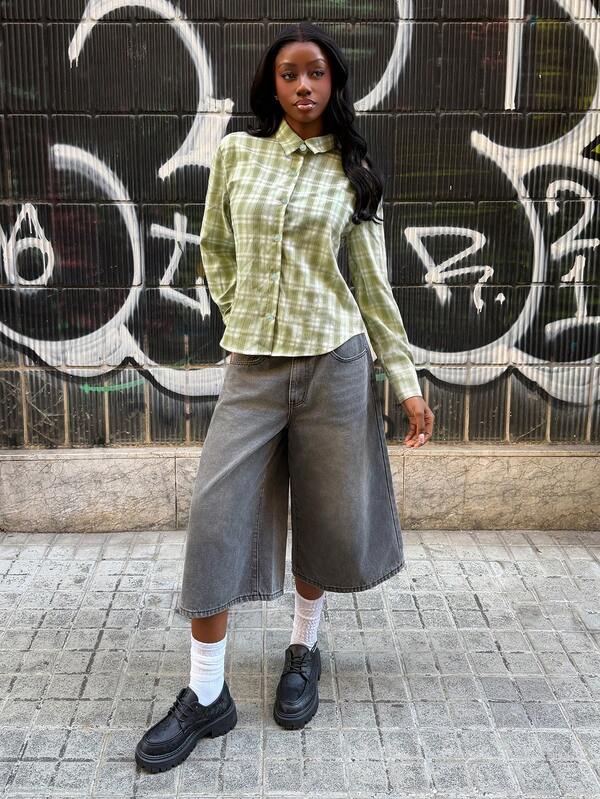 Modviera 2026 New Women's Swimwear ArrivalFor School,Suitable For Holiday, Date, Afternoon Tea, Western, Cruise, Beach, Island, Road Trip, All Seasons, Music Festival, Boho Vacation,Bohemian Vacation, Chill Autumn ,Western Boho ,Elegant Tops For Women Women's Plaid Shirt With Cinched Waist And A-Line Silhouette, Slimming Printed Blouse For Commuting, School, And Work Grey Culottes Plaid Shirt Women Grey Wide Leg Pants Green Plaid Blouse Modest Blouse Gray Denim Culottes Culottes For Women Casual Chic Outfit