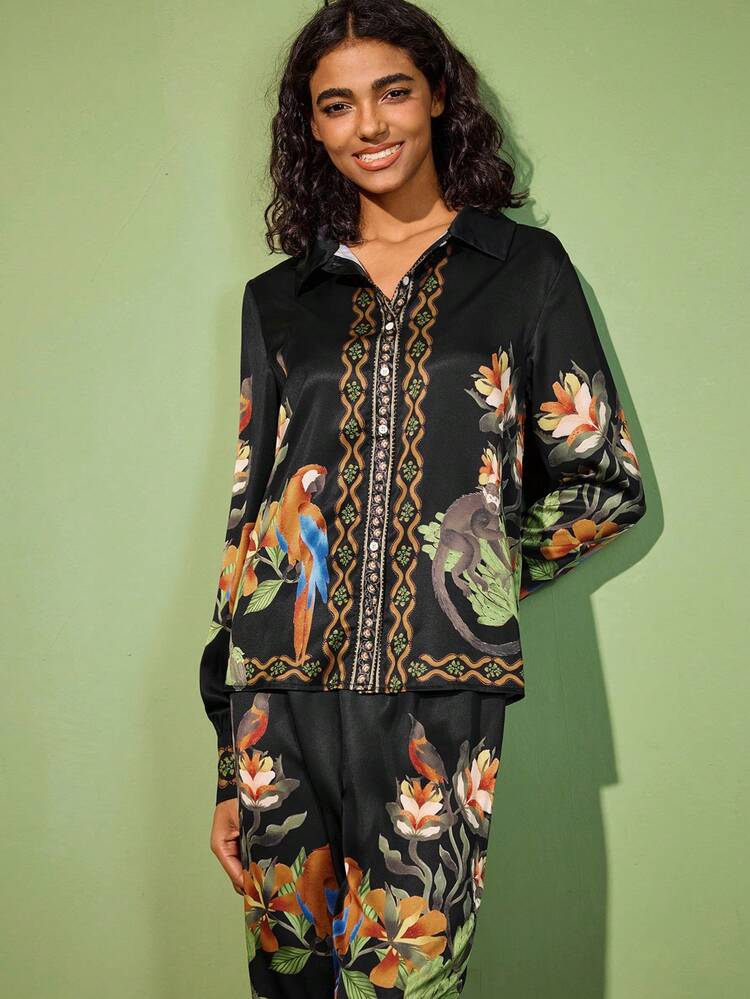 Felipe Marques Women Floral Print Button Front Long Sleeve Top And Pants Pajama Set - Black - View 4