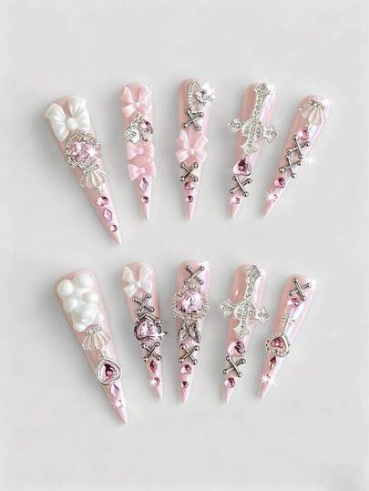 ROMWE Anime 10片甜美酷炫风格的十字皇冠、蝴蝶结、爱心、小熊、蝴蝶装饰高品质手工假指甲 + 3片双面胶，Y2K风格粉色水钻纯色可卸加长杏仁形可佩戴指甲，适合节日、派对、婚礼和日常佩戴