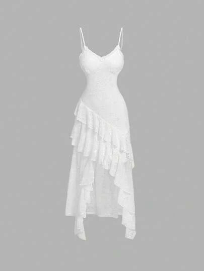 SHEIN MOD 不對稱蕾絲細肩帶連衣裙,裙褶修飾