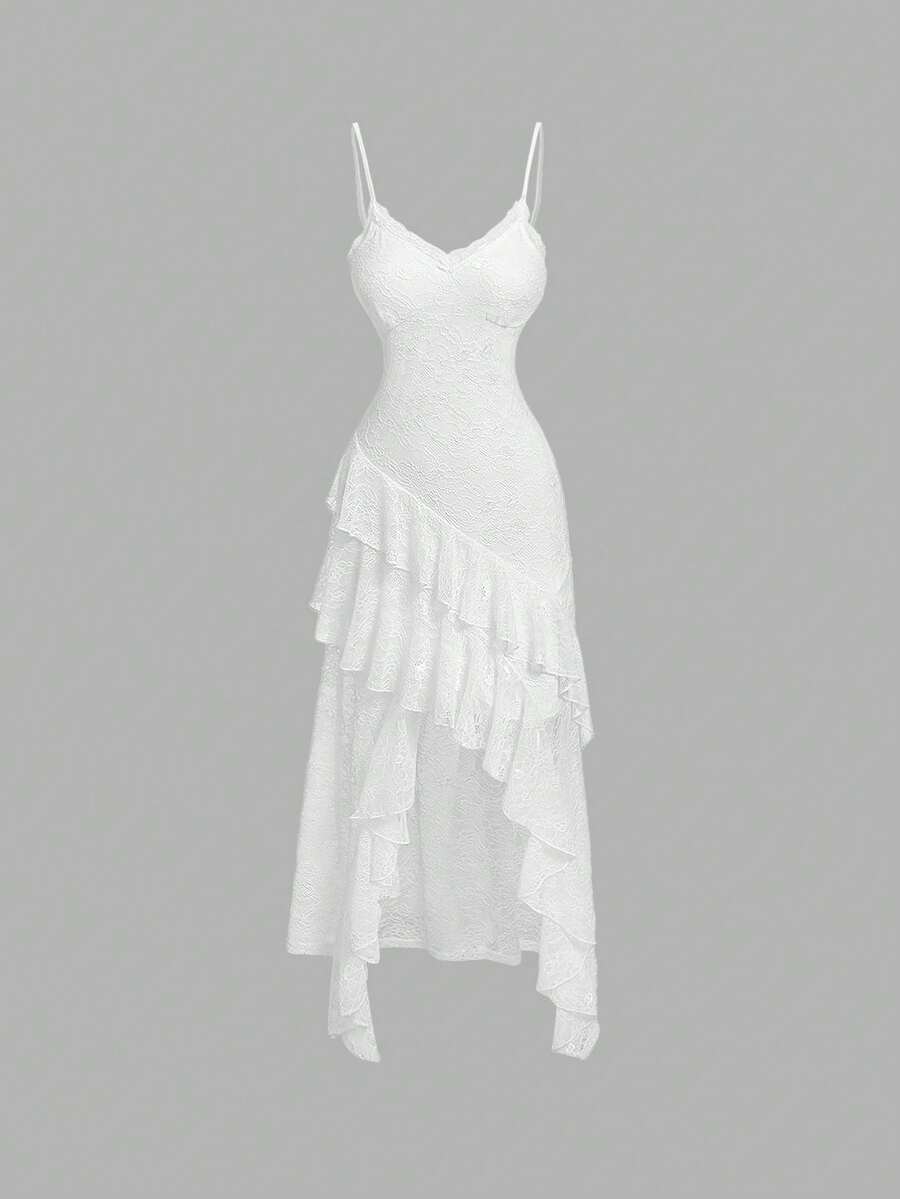 SHEIN MOD 不對稱蕾絲細肩帶連衣裙,裙褶修飾 - 白色 - 查看 1