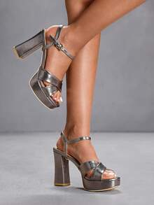 CUCCOO SZL 女士时尚优雅通勤银色防水厚底高跟凉鞋 - 淺灰色 - 查看 7