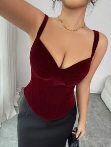 SHEIN Elenzya 女士奢华复古优雅酒红色天鹅绒吊带深V领高腰修身短款吊带背心，适合日常穿着、婚礼、正式派对、通勤、毕业派对、假日、约会、聚会、万圣节、圣诞节、新年、感恩节等场合。 - 酒紅色 - 查看 6