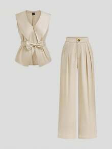 Franclia 女士优雅翻领上衣和裤子套装 - 杏色 - 查看 2