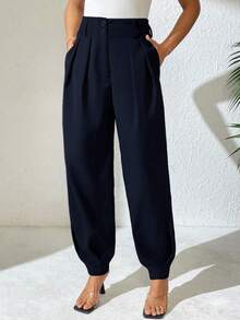 Xyvia 女士优雅高腰双纽扣装饰褶皱直筒裤，春秋季休闲西装裤 - 藏蓝色 - 查看 6