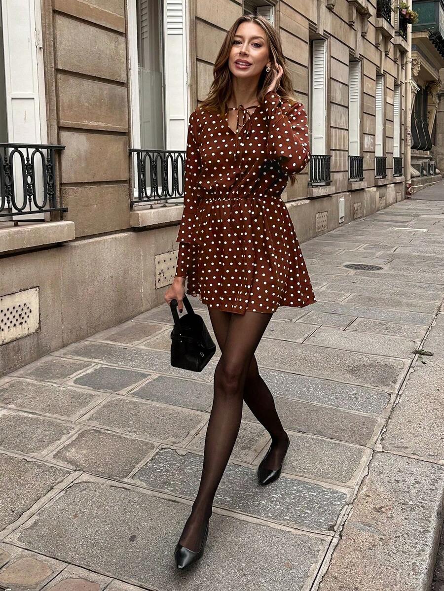 Pariaura Váy chấm bi thanh lịch đơn giản dành cho nữ, Váy thu - Cà phê nâu - Xem 1