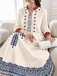 SHEIN Najma Women's Honeysuckle Floral & Geometric Retro Print V-Neck Long Sleeve Elegant Arabic Style Dress, Spring/Autumn Kaftan Jalabiya Dress - Multicolor - View 3