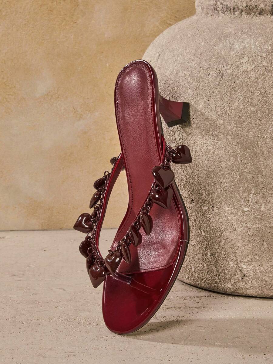 SHUZIA 女士爱心装饰日常女性派对可爱性感套脚高跟人字拖凉鞋 - 酒紅色 - 查看 1