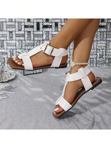 Sandalias planas para mujer, sandalias planas con correa y hebilla calada, estilo europeo y americano, combinadas con sandalias de playa a la moda. - Blanco - Ver 5