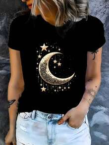 EMERY ROSE Women's Starry Sky, Star & Moon Print Round Neck Short Sleeve T-Shirt, Fashionable - Black - View 1