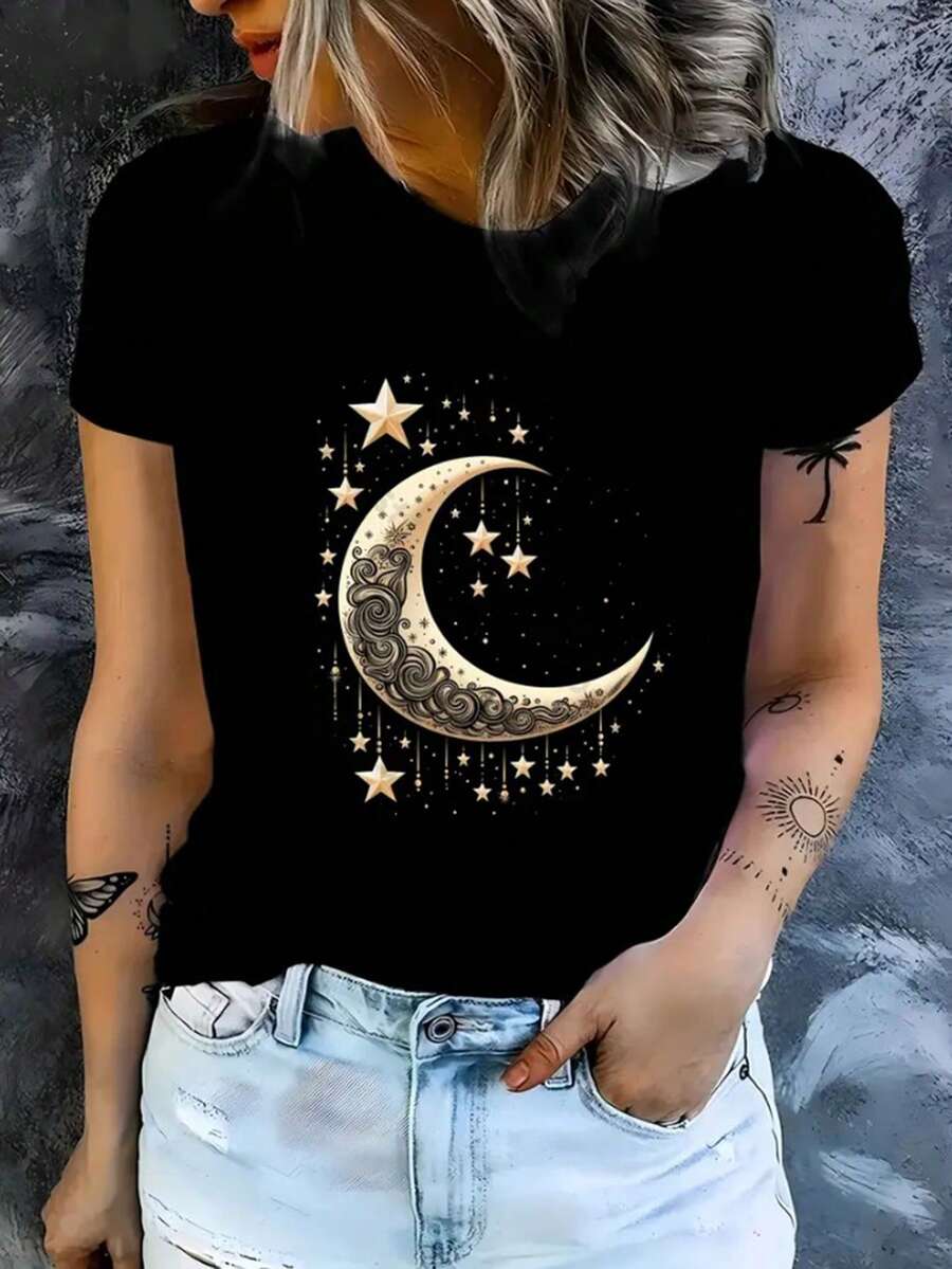 EMERY ROSE Women's Starry Sky, Star & Moon Print Round Neck Short Sleeve T-Shirt, Fashionable - Black - View 1
