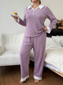 Dream Adore Plus Size Simple Contrast Color Collar Embroidered Knit Pajama Set - Mauve Purple - View 5