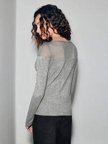 Lumivelle 女士优雅时尚简约百搭修身欧根纱半透明露肩毛衣，秋冬款 - 灰色 - 查看 2