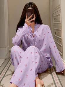DAZY 2件套女士宽松印花系带长袖上衣和裤子睡衣套装，冬季服装 - 淡紫色 - 查看 3