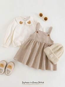 Cozy Pixies 2pcs Baby Girl Cartoon Bear Pattern Collared Long Sleeve Cardigan Shirt & Bib Overall Dress Set - Khaki - View 9