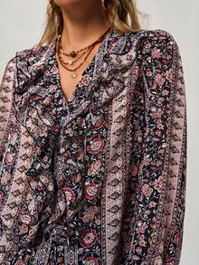 Freevana Áo kiểu nữ cổ điển dáng suông họa tiết hoa nhí xếp nếp, phong cách boho mùa thu, họa tiết paisley đồng quê, lãng mạn miền Tây. - Nhiều màu - Xem 6