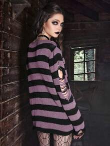 ROMWE Goth pull décontracté pour femmes à motif rayé bicolore déchiré, convient pour l'automne/l'hiver et Halloween - Multicolore - Voir 5