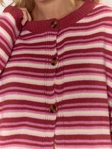 MUSERA Button Through Oversized Stripe Knit Cardigan Cute Cool Girl Cosy Winter Everyday Clean Girl Casual Cottage Core Old Money Butterscotch Evening Party Elegant Spring - Burgundy - View 6