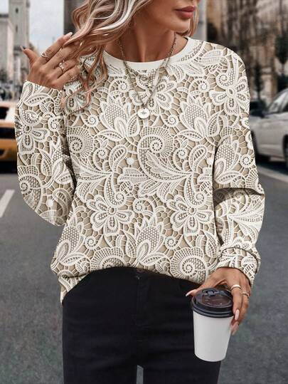 EMERY ROSE Plus Size Women Faux Lace Print Graphic Sweatshirt, Comfortable Crew Neck Long Sleeve, Suitable For Everyday Wear