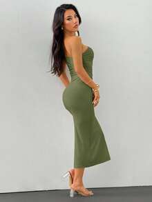 SHEIN PETITE Chân váy đuôi cá xếp nếp cổ bất đối xứng đính trâm cài áo màu vàng - xanh quân đội - Xem 3