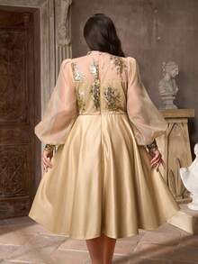 Aureia Váy cưới chữ A tay bồng cổ cao sang trọng, đính sequin lấp lánh, lãng mạn cỡ lớn, phù hợp cho đám cưới, tiệc tùng, lễ kỷ niệm, sự kiện trang trọng, váy dạ hội (Thiết kế đính đá lộng lẫy) - Rượu sâm banh - Xem 4